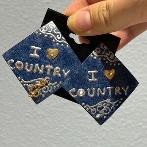 Blue 'I ♥ Country' Square Earrings